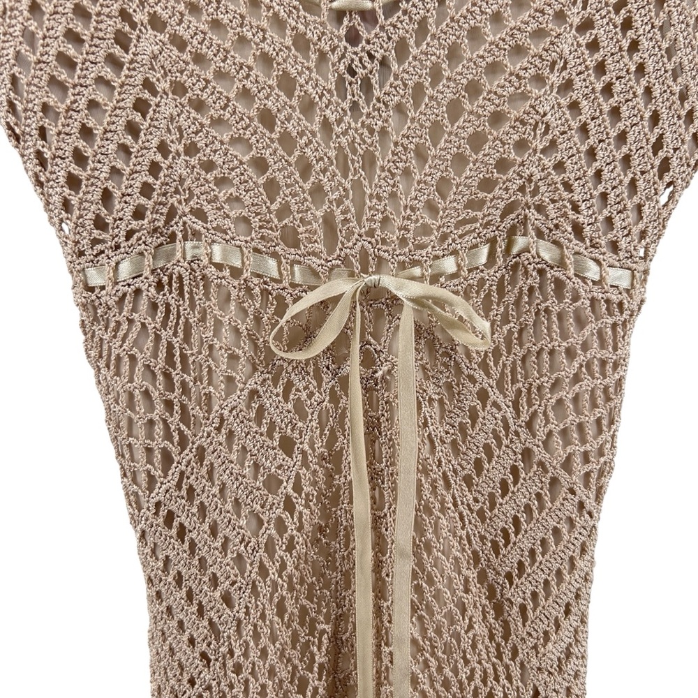 Say What? Y2K Crochet Double Layer Tank Sz L Ribbon Tie Tan Adjustable Strap - Picture 6 of 16